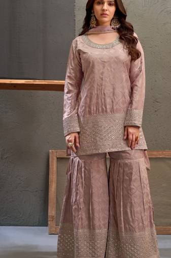 Mauve embroidered viscose free size stitched palazzo style salwar suit