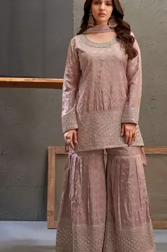 Mauve embroidered viscose free size stitched palazzo style salwar suit