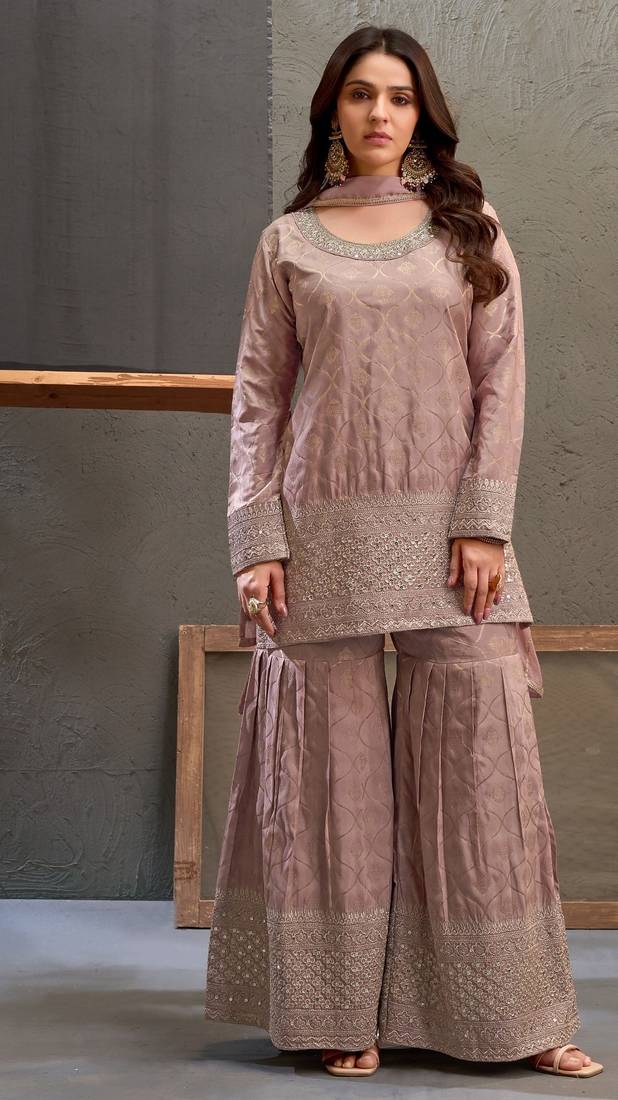 Mauve embroidered viscose free size stitched palazzo style salwar suit