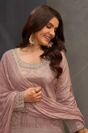 Mauve embroidered viscose free size stitched palazzo style salwar suit