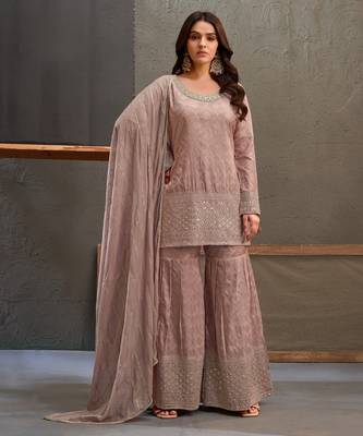 Mauve embroidered viscose free size stitched palazzo style salwar suit 3