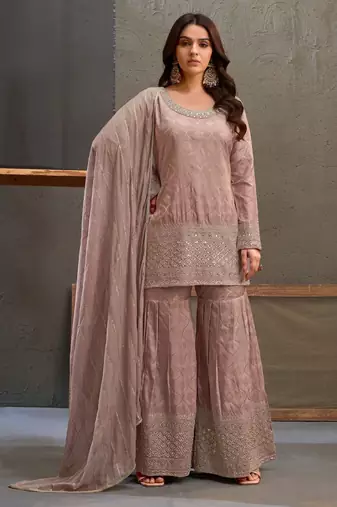 Mauve embroidered viscose free size stitched palazzo style salwar suit