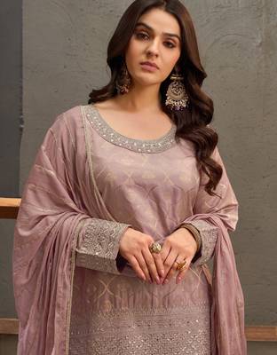 Mauve embroidered viscose free size stitched palazzo style salwar suit 4