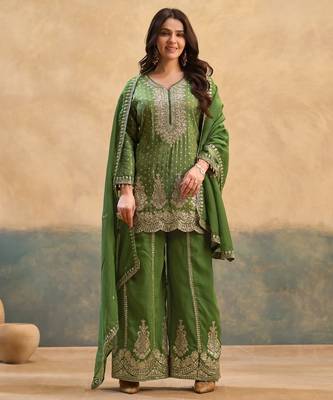 Green embroidered viscose free size stitched palazzo style salwar suit 1