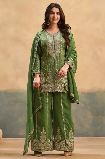 Green embroidered viscose free size stitched palazzo style salwar suit