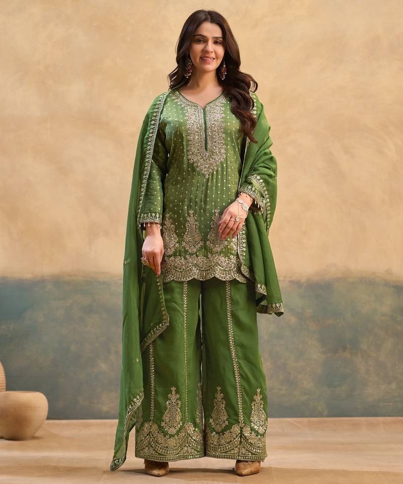 Green embroidered viscose free size stitched palazzo style salwar suit