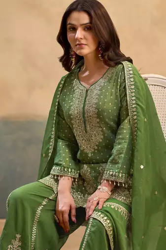Green embroidered viscose free size stitched palazzo style salwar suit