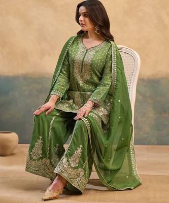 Green embroidered viscose free size stitched palazzo style salwar suit 3
