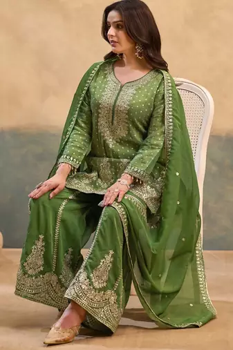 Green embroidered viscose free size stitched palazzo style salwar suit