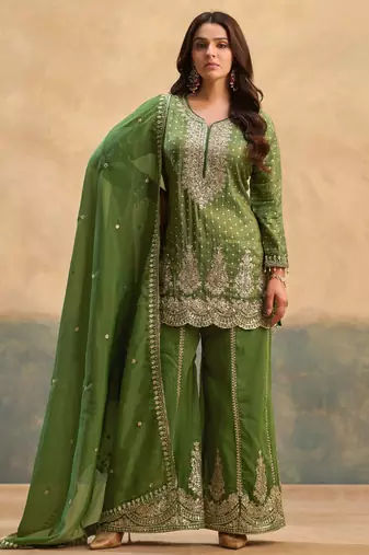 Green embroidered viscose free size stitched palazzo style salwar suit