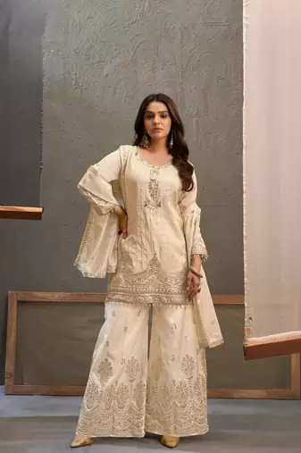 White embroidered viscose free size stitched palazzo style salwar suit