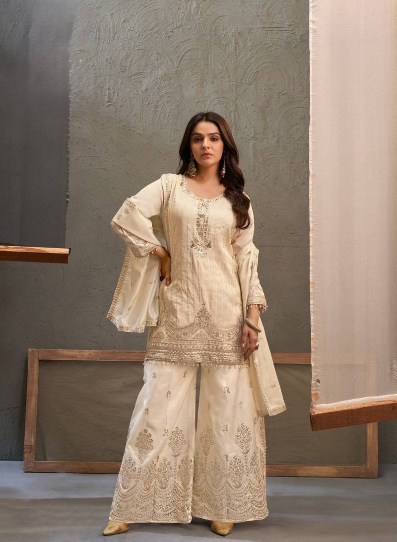 White embroidered viscose free size stitched palazzo style salwar suit