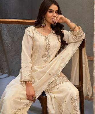 White embroidered viscose free size stitched palazzo style salwar suit 2