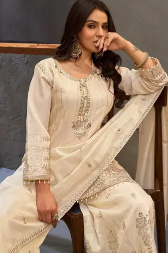 White embroidered viscose free size stitched palazzo style salwar suit