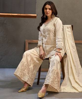White embroidered viscose free size stitched palazzo style salwar suit 3