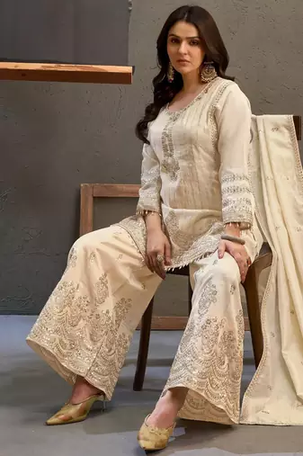 White embroidered viscose free size stitched palazzo style salwar suit