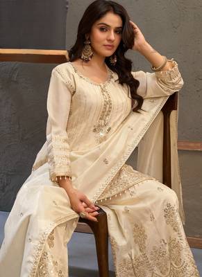 White embroidered viscose free size stitched palazzo style salwar suit 4
