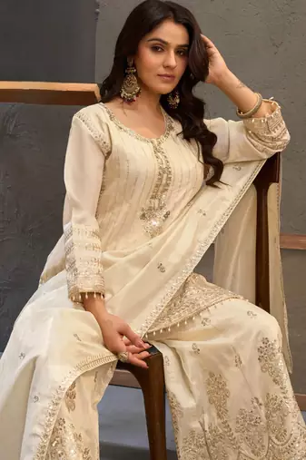 White embroidered viscose free size stitched palazzo style salwar suit