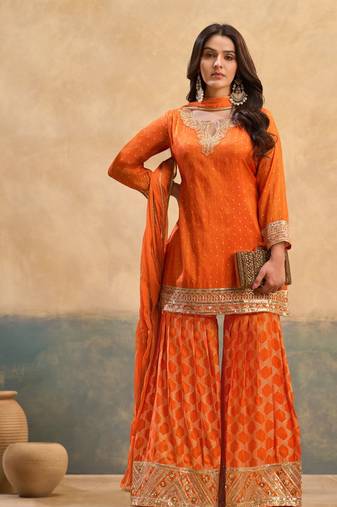 Orange embroidered viscose free size stitched palazzo style salwar suit