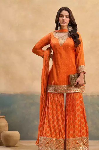 Orange embroidered viscose free size stitched palazzo style salwar suit