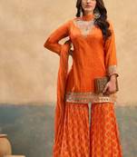 Orange embroidered viscose free size stitched palazzo style salwar suit