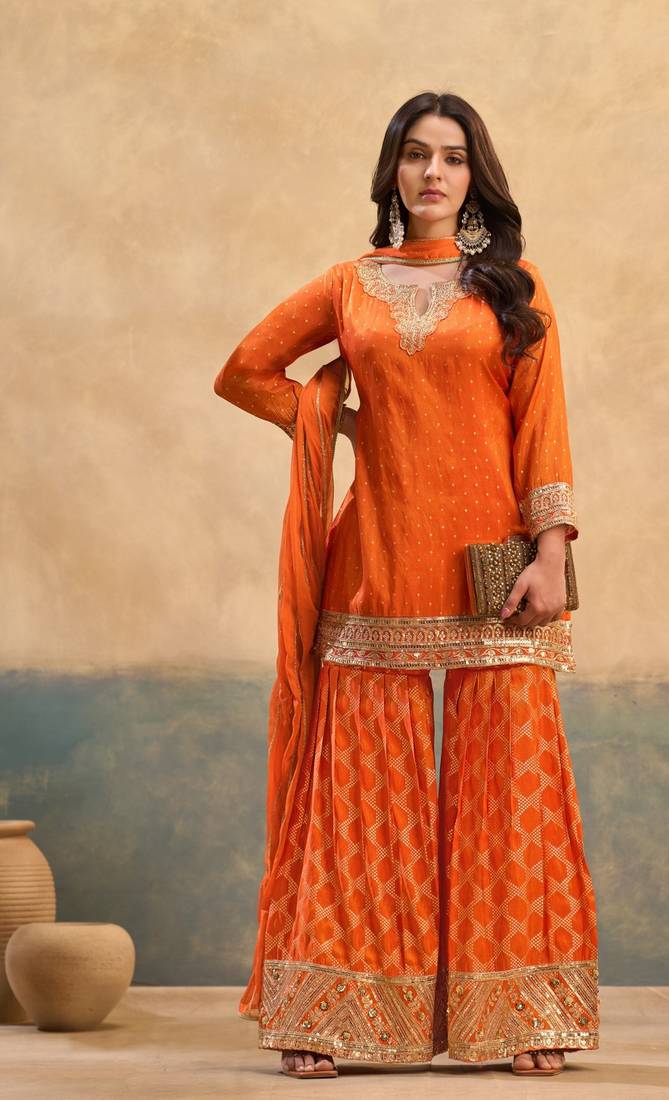 Orange embroidered viscose free size stitched palazzo style salwar suit