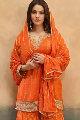 Orange embroidered viscose free size stitched palazzo style salwar suit