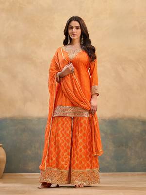 Orange embroidered viscose free size stitched palazzo style salwar suit 3