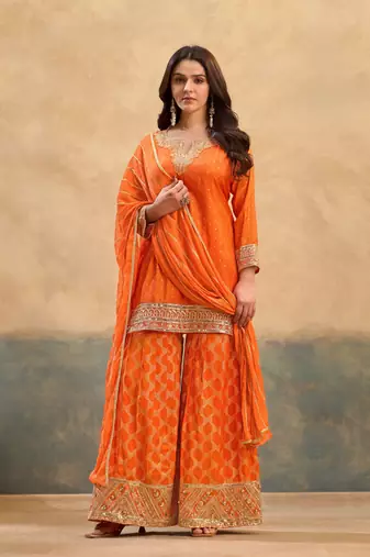 Orange embroidered viscose free size stitched palazzo style salwar suit