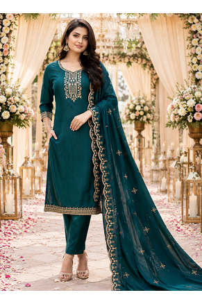 TEAL-GREEN EMBROIDERY WORK WITH COTTON BLEND FABRIC KURTI PANT DUPATTA SET 1