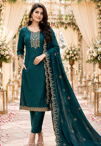 TEAL-GREEN EMBROIDERY WORK WITH COTTON BLEND FABRIC KURTI PANT DUPATTA SET