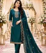 TEAL-GREEN EMBROIDERY WORK WITH COTTON BLEND FABRIC KURTI PANT DUPATTA SET