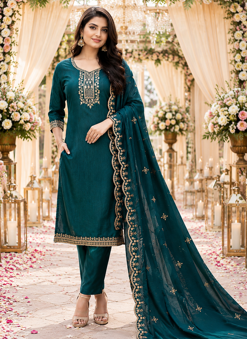 TEAL-GREEN EMBROIDERY WORK WITH COTTON BLEND FABRIC KURTI PANT DUPATTA SET