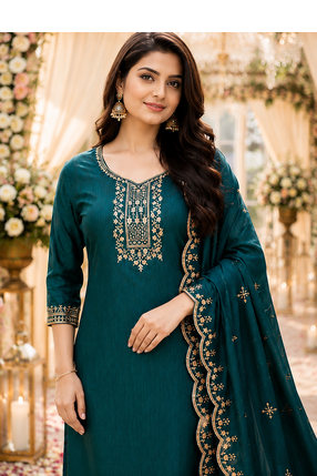 TEAL-GREEN EMBROIDERY WORK WITH COTTON BLEND FABRIC KURTI PANT DUPATTA SET 2
