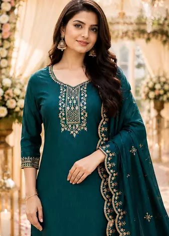 TEAL-GREEN EMBROIDERY WORK WITH COTTON BLEND FABRIC KURTI PANT DUPATTA SET