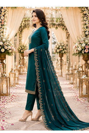 TEAL-GREEN EMBROIDERY WORK WITH COTTON BLEND FABRIC KURTI PANT DUPATTA SET 3