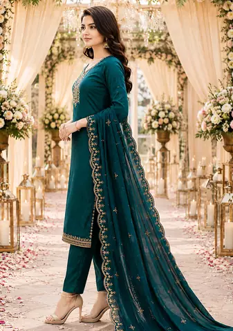 TEAL-GREEN EMBROIDERY WORK WITH COTTON BLEND FABRIC KURTI PANT DUPATTA SET