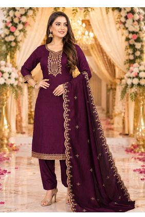 WINE EMBROIDERY WORK WITH COTTON BLEND FABRIC KURTI PANT DUPATTA SET 1