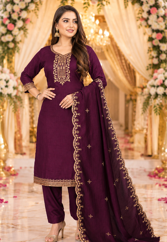 WINE EMBROIDERY WORK WITH COTTON BLEND FABRIC KURTI PANT DUPATTA SET