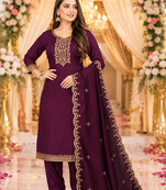 WINE EMBROIDERY WORK WITH COTTON BLEND FABRIC KURTI PANT DUPATTA SET