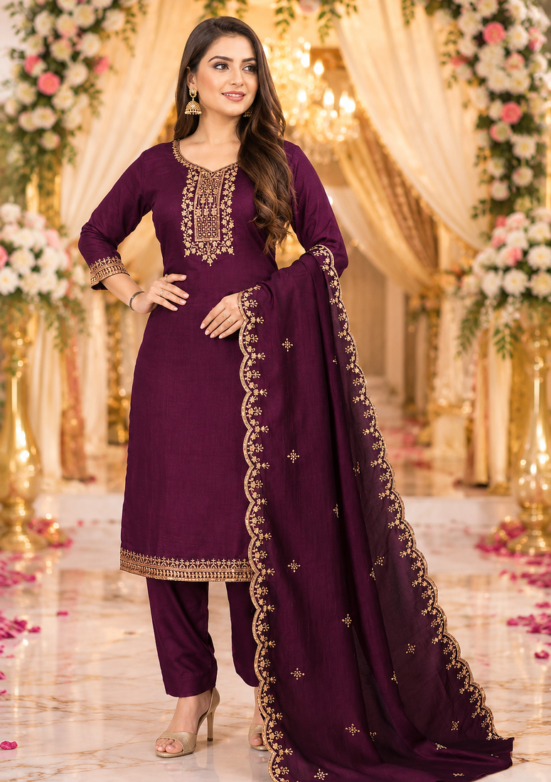 WINE EMBROIDERY WORK WITH COTTON BLEND FABRIC KURTI PANT DUPATTA SET
