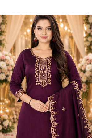 WINE EMBROIDERY WORK WITH COTTON BLEND FABRIC KURTI PANT DUPATTA SET 2