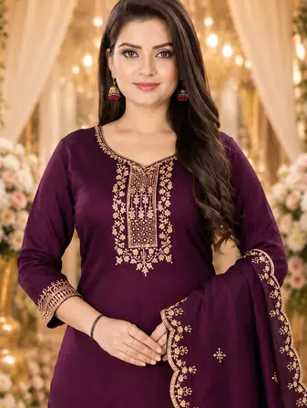 WINE EMBROIDERY WORK WITH COTTON BLEND FABRIC KURTI PANT DUPATTA SET