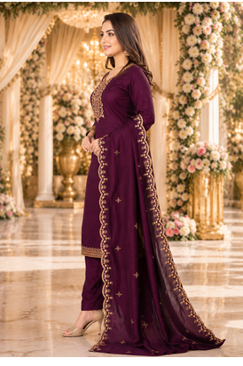 WINE EMBROIDERY WORK WITH COTTON BLEND FABRIC KURTI PANT DUPATTA SET 3