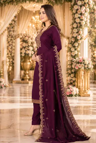 WINE EMBROIDERY WORK WITH COTTON BLEND FABRIC KURTI PANT DUPATTA SET