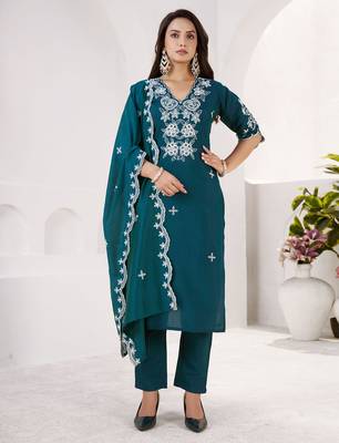 RAMA GREEN EMBRODEIRY WORK DESIGN WITH ROMAN SILK FABRIC KURTI PANT DUPATTA SET 1
