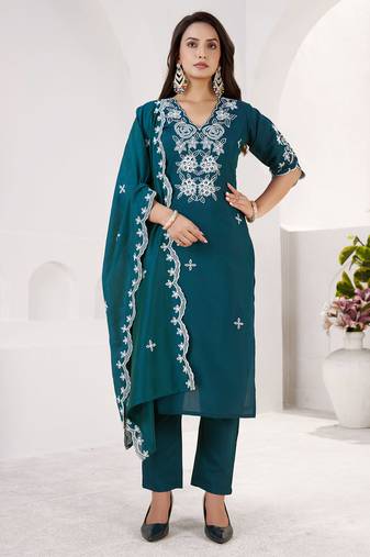 RAMA GREEN EMBRODEIRY WORK DESIGN WITH ROMAN SILK FABRIC KURTI PANT DUPATTA SET