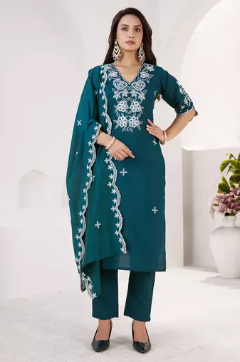 RAMA GREEN EMBRODEIRY WORK DESIGN WITH ROMAN SILK FABRIC KURTI PANT DUPATTA SET