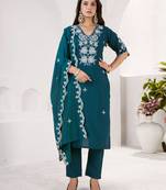 RAMA GREEN EMBRODEIRY WORK DESIGN WITH ROMAN SILK FABRIC KURTI PANT DUPATTA SET