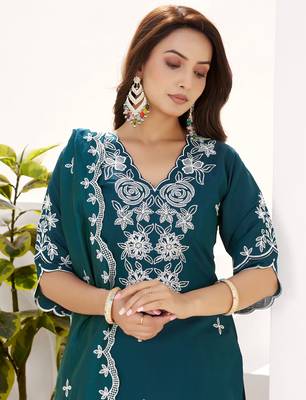 RAMA GREEN EMBRODEIRY WORK DESIGN WITH ROMAN SILK FABRIC KURTI PANT DUPATTA SET 2